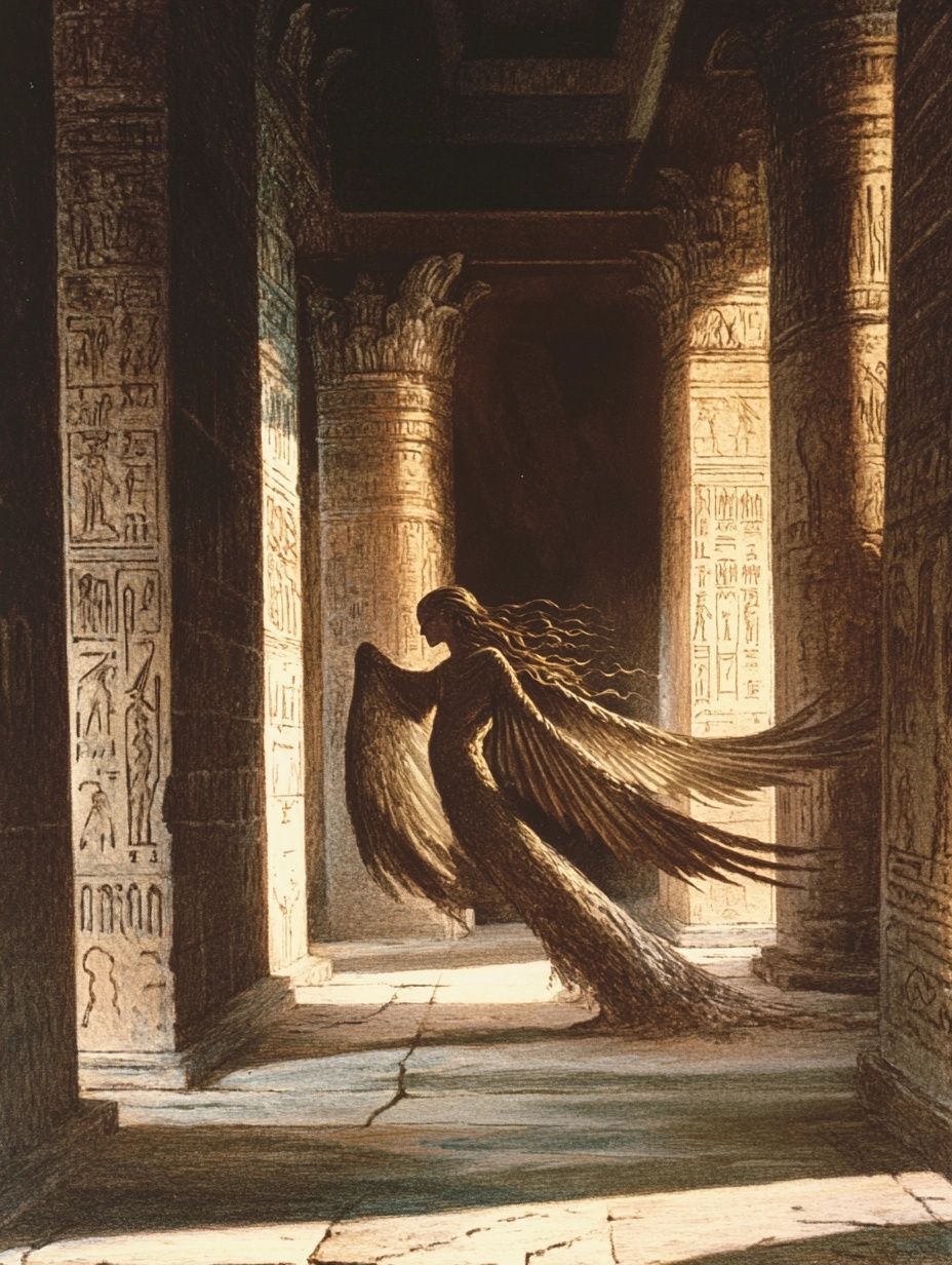 ancient sumerian building, lilith she demon with long flowing hair