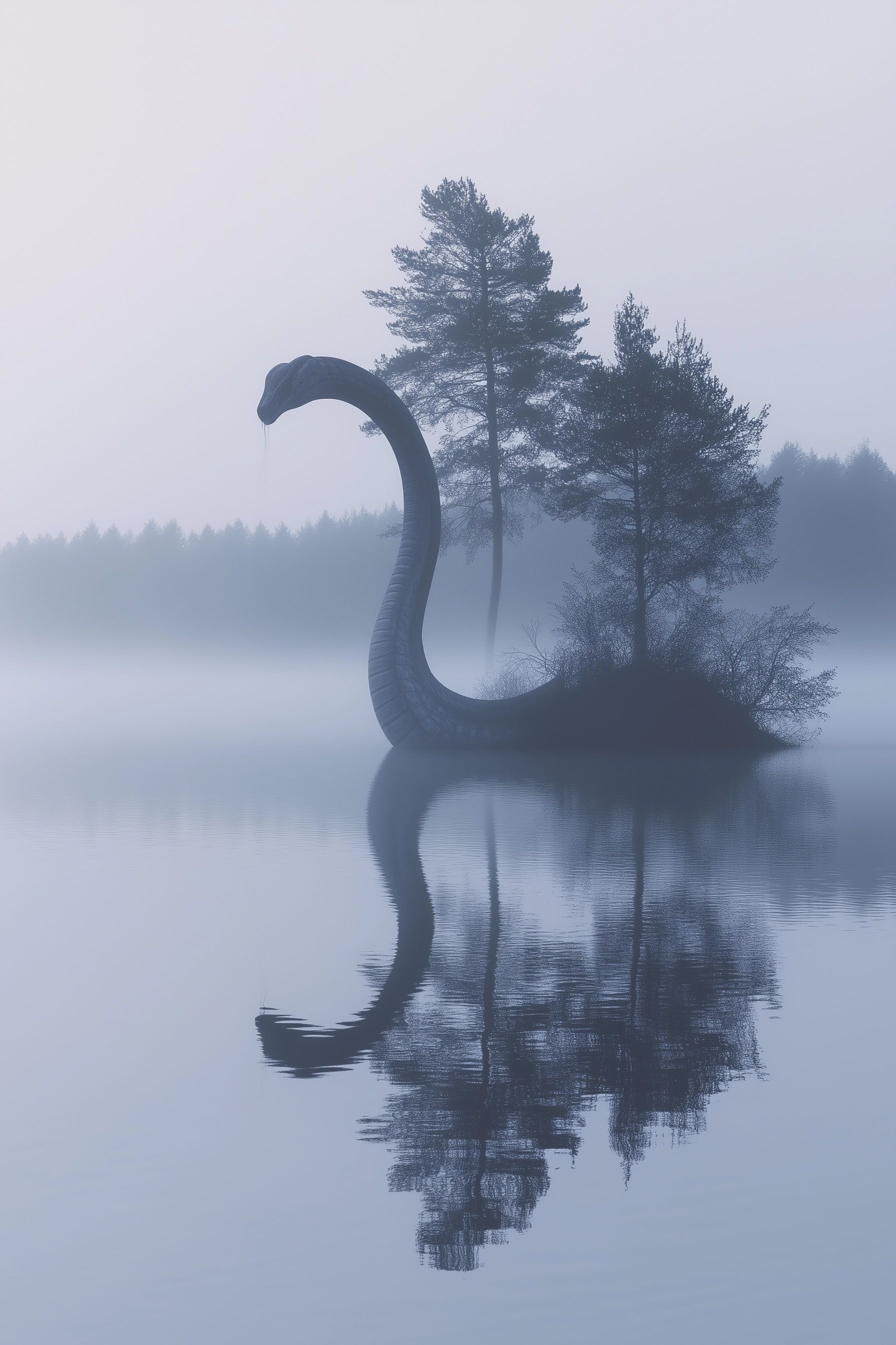large serpent like animal in misty loch