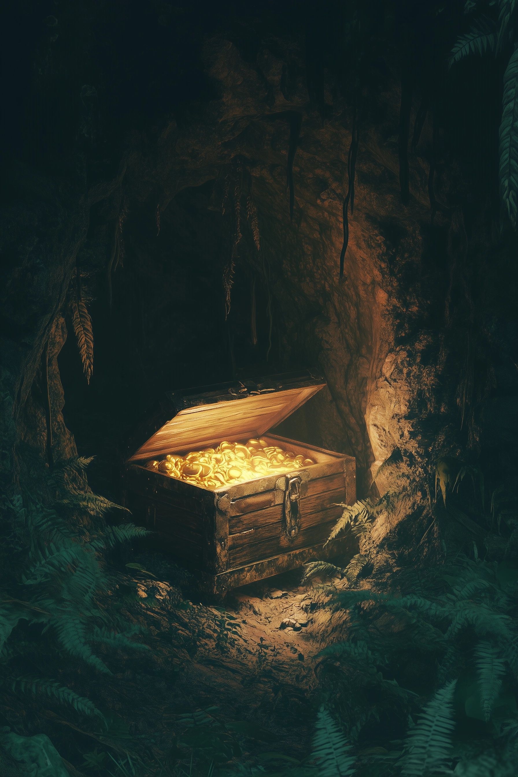 A dimly lit cave, an old, wooden treasure chest lies open, full of gold, tale of the lost confederate gold, tennessee folklore