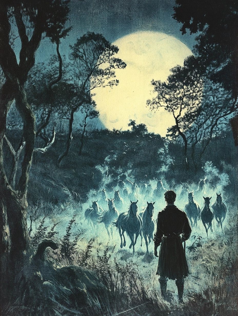 large moon, man watching horses run through forest