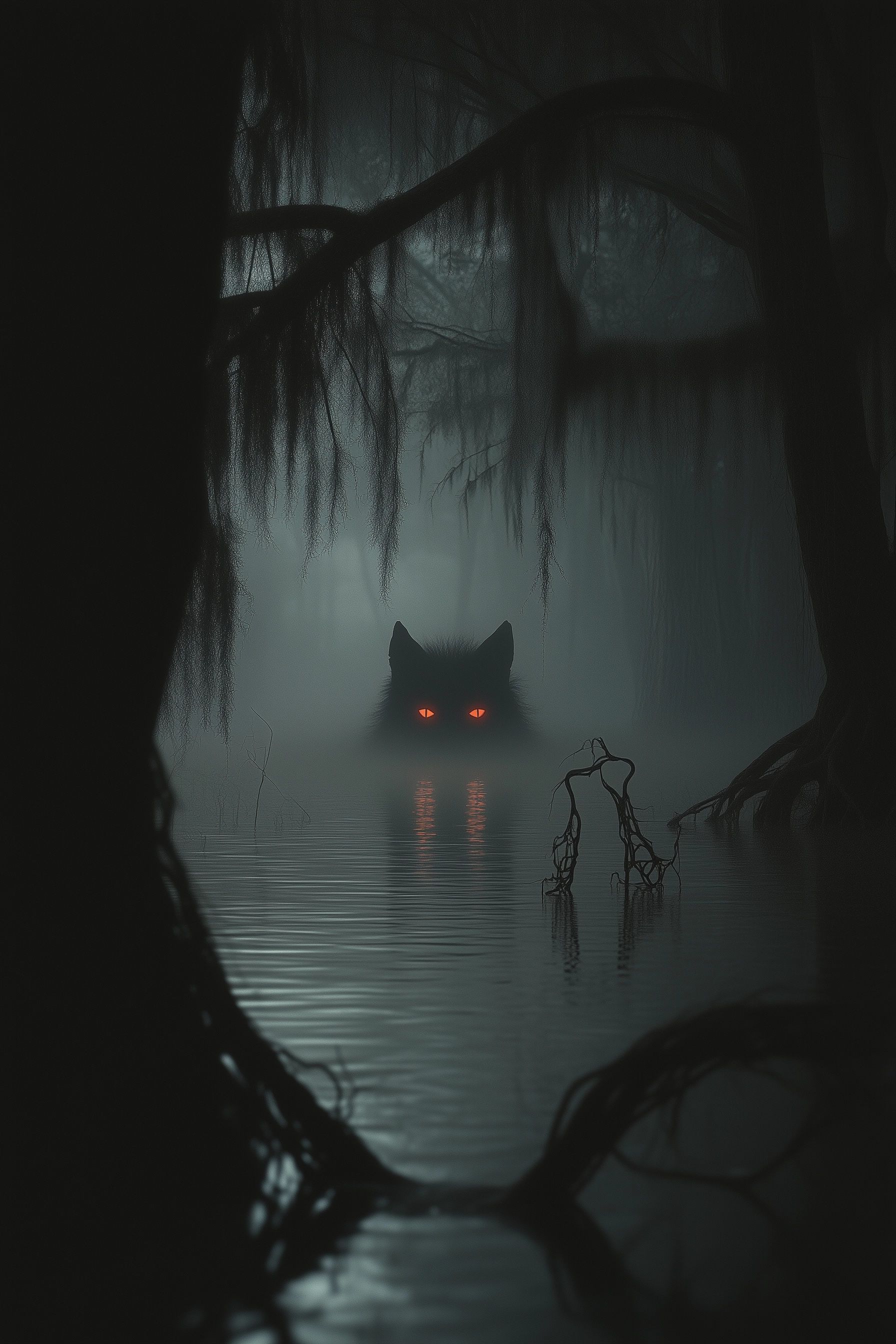 mysterious wolf creature glowing red eyes looking out of the water on the bayou