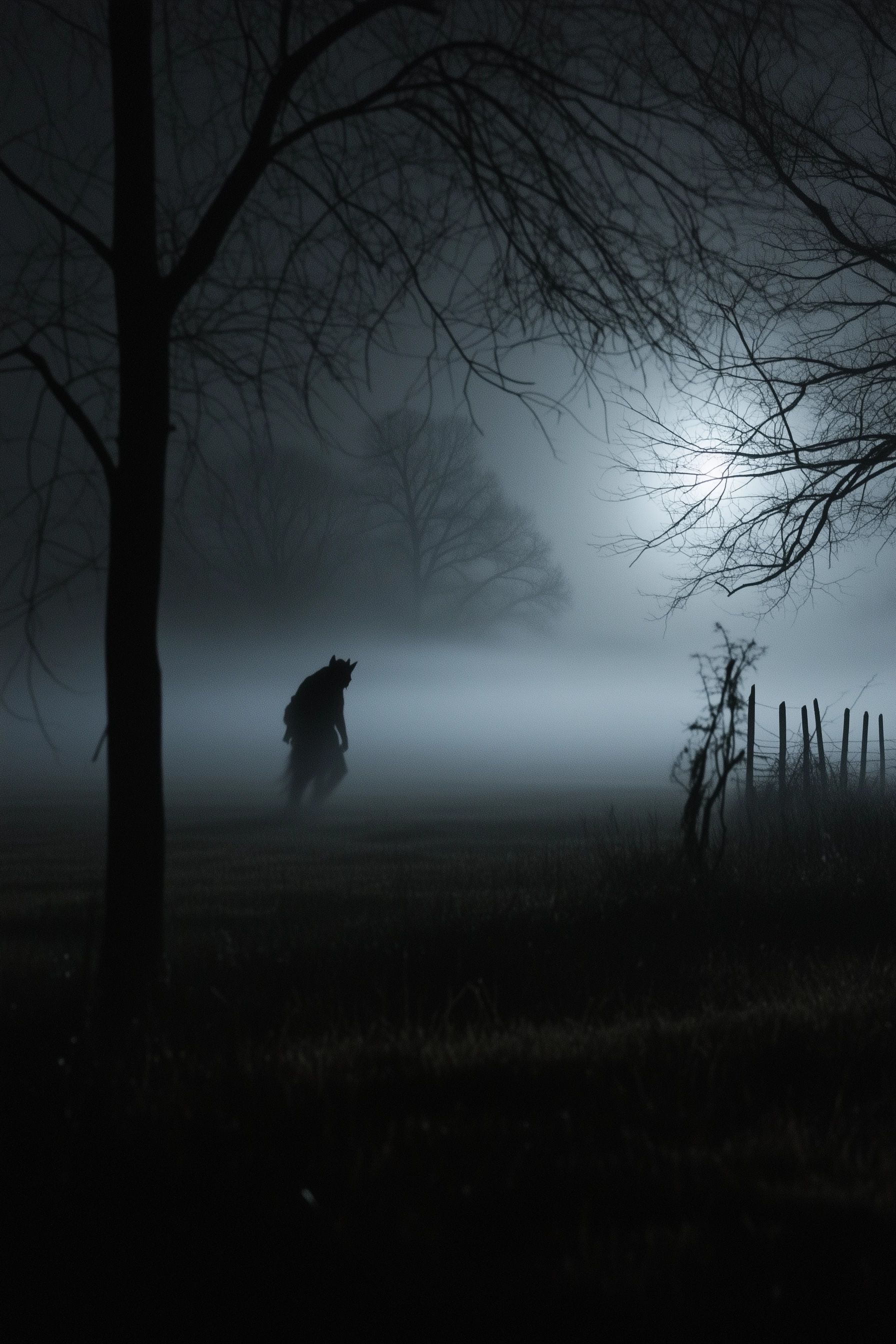 fog-covered rural Louisiana landscape at night, lone wolf-like creature figure, moonlight barely illuminates the scene, open fields, trees, loup garou werewolf louisiana folklore creatures