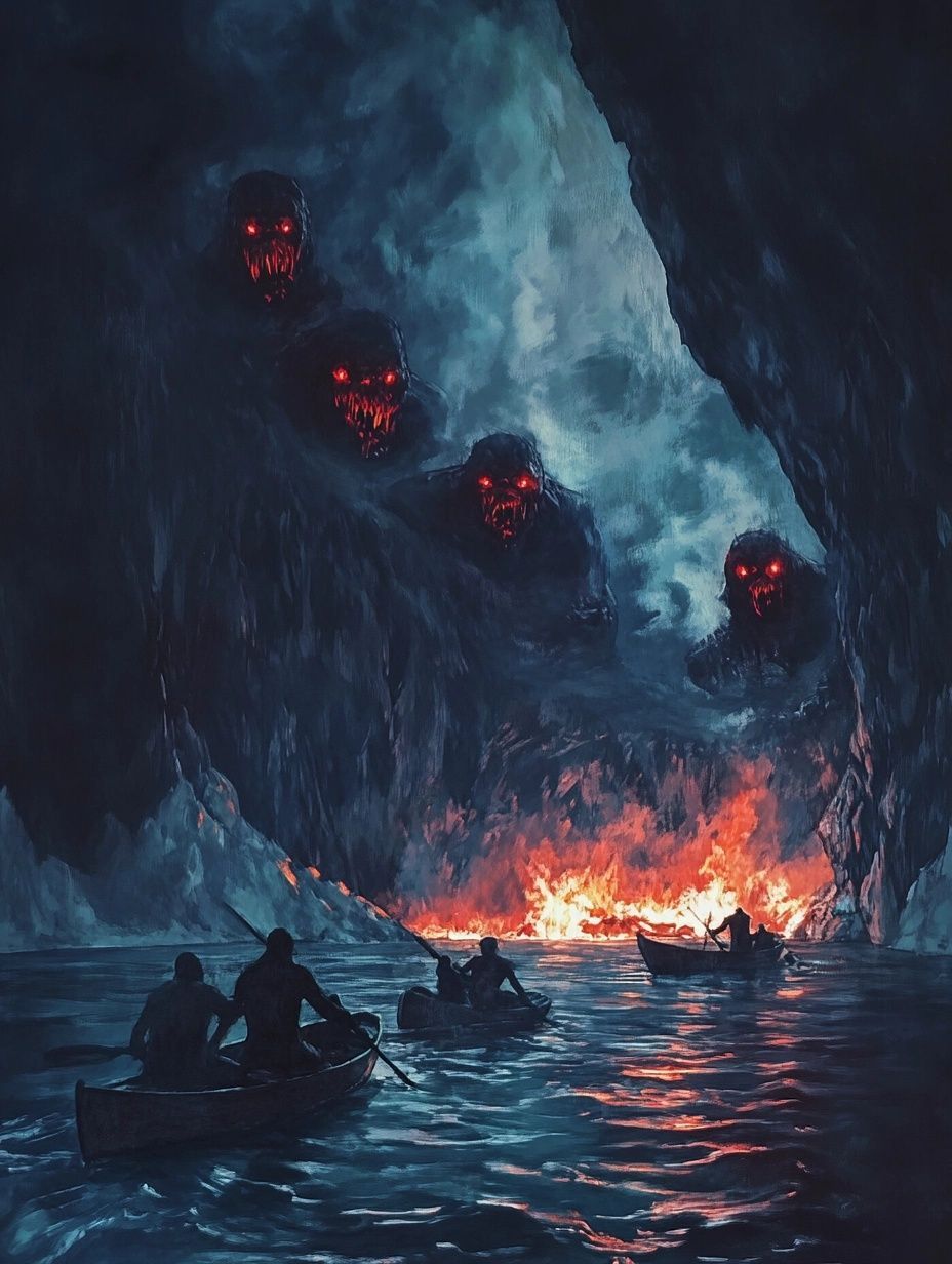 spirit creatures fiery eyes, men in kayaks, lower ingnera greenland legend