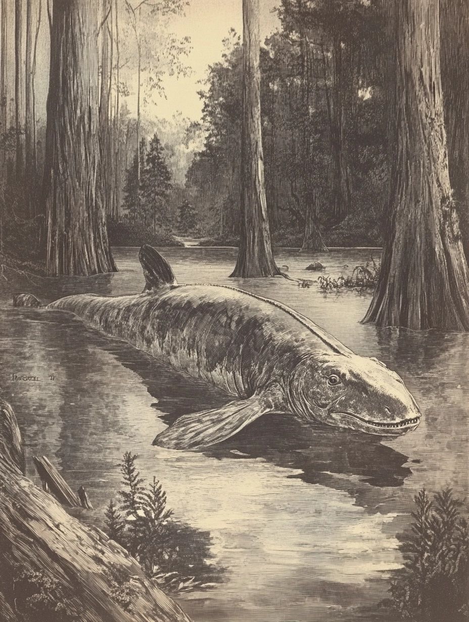 large amphibian swimming between trees