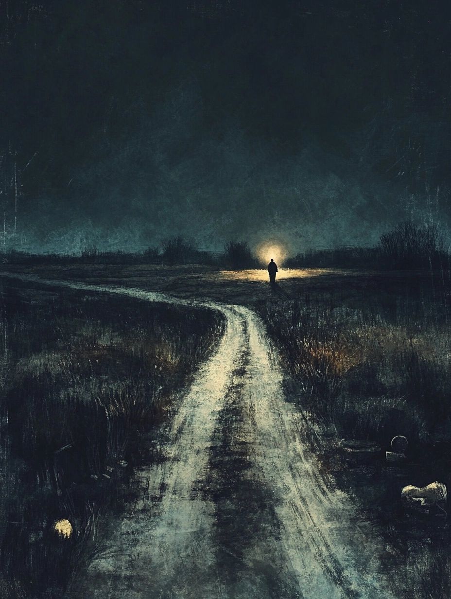 a dark night, a deserted path, a shadowy figure standing in the distance