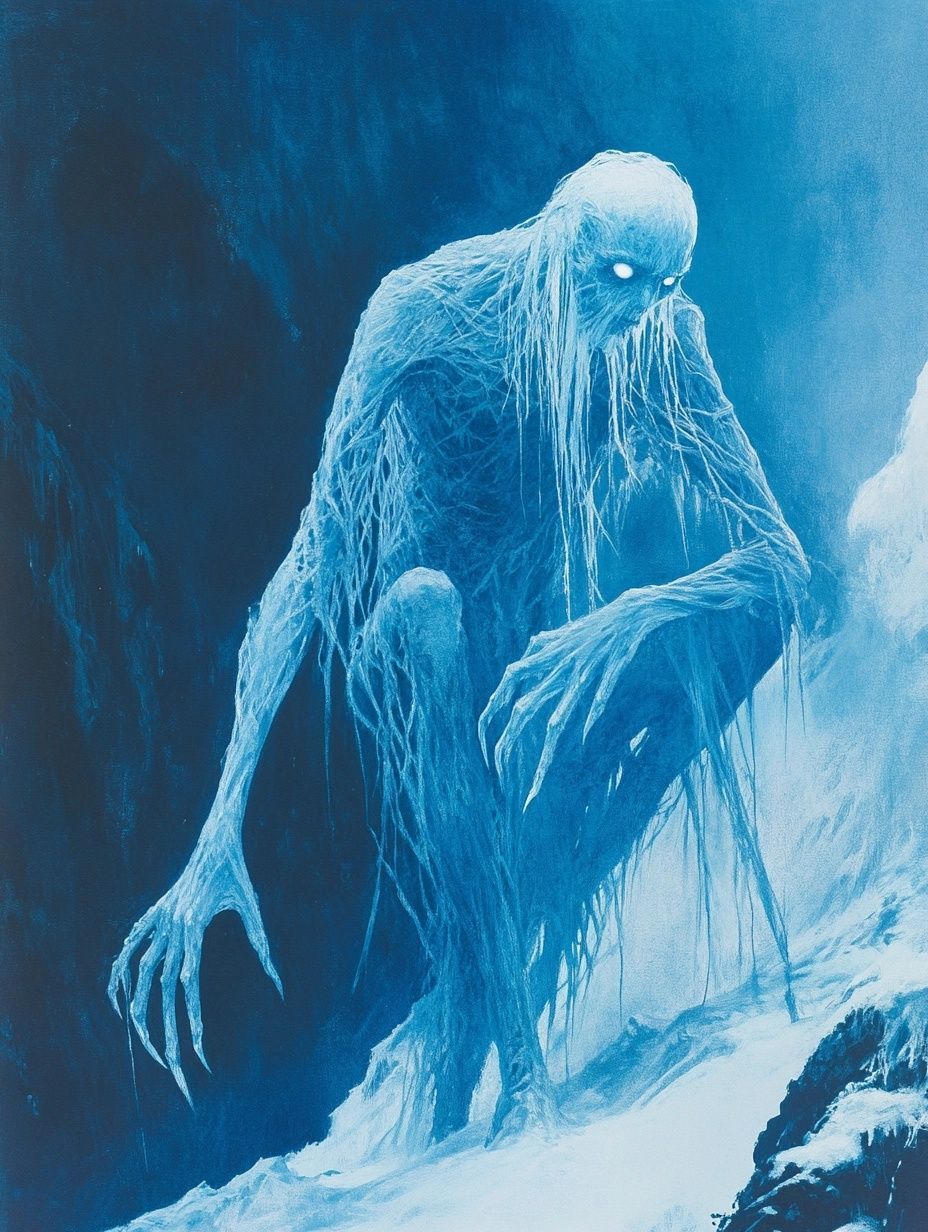 demon icy white and blue, bright white eyes, mahahah greenland