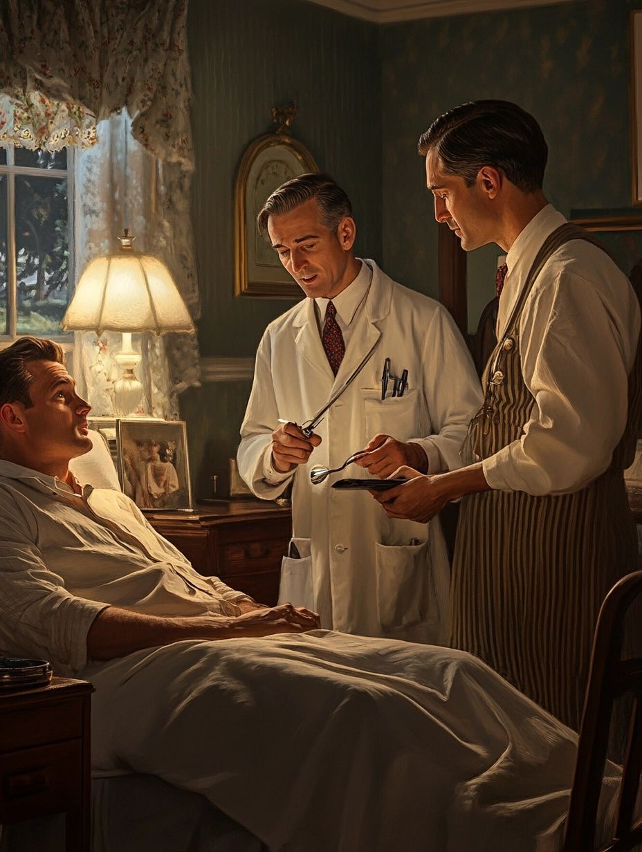 1930s setting, doctor wearing white coat, patient wearing white shirt lies in bed, lamp light on, another man wears striped overalls,