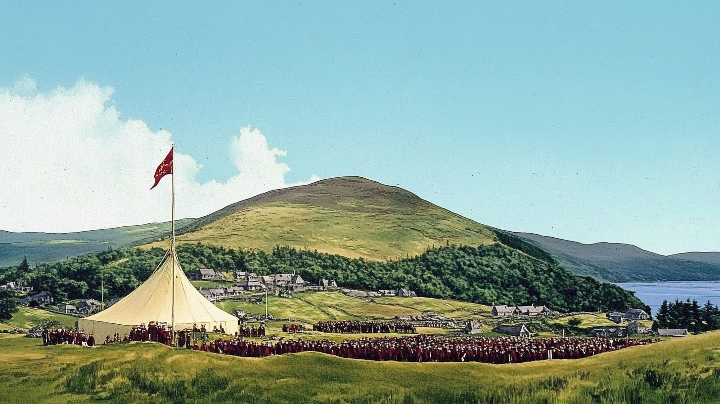 large cream tent red flag, hundreds of people gathered, Isle of Man