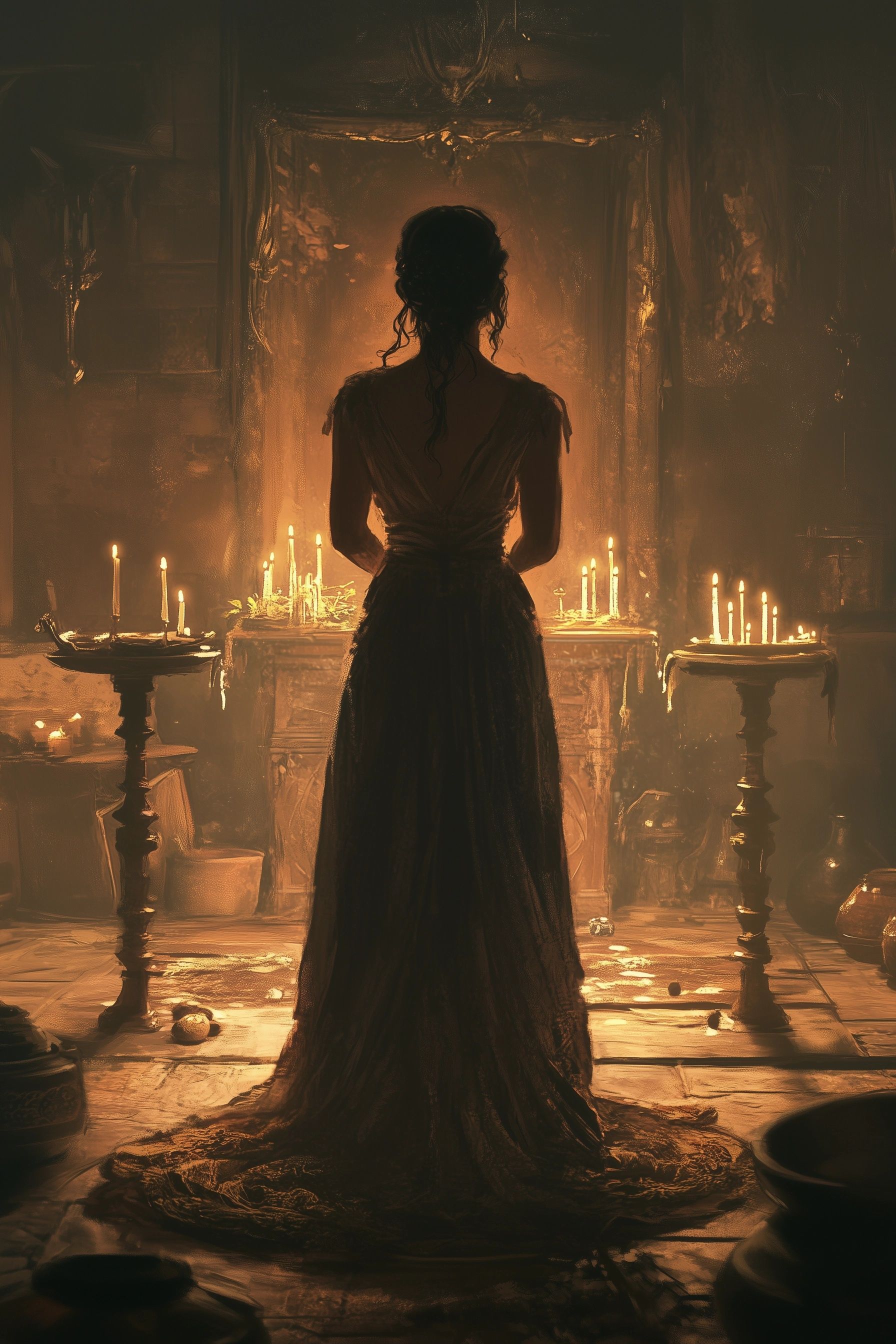 candlelit room with a woman standing confidently at the center, dressed in traditional 19th-century attire, holding ritualistic items, shadows cast by the flickering light, marie laveau voodoo queen new orleans folklore