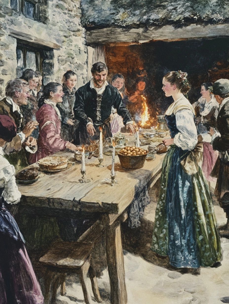 group of people celebrate, long wooden table filled with food, old scotland