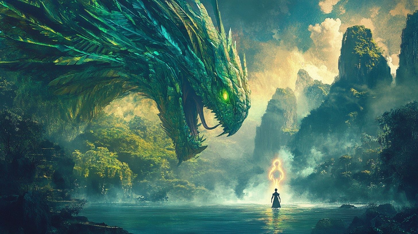 a huge serpent like divine being with glowing green eyes, feathers, hovers over a lake, ancient Maya