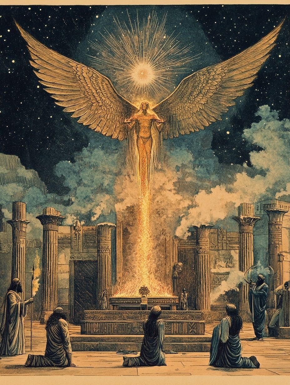 ancient god with wings  and people kneeling before him