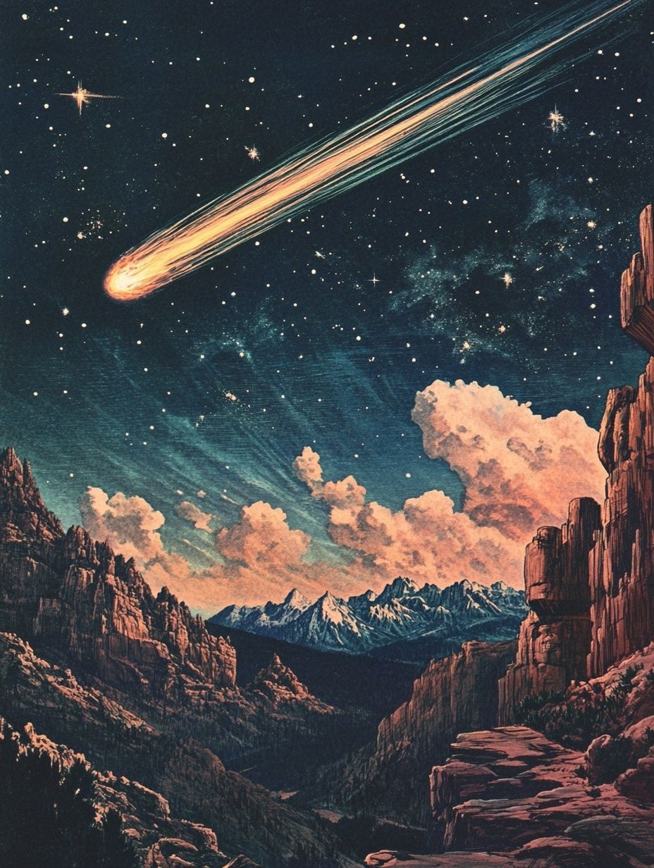 meteor flies through sky, mountainous landscape