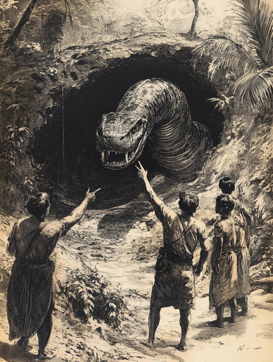 large scary worm coming out of underground cave, villagers pointing 