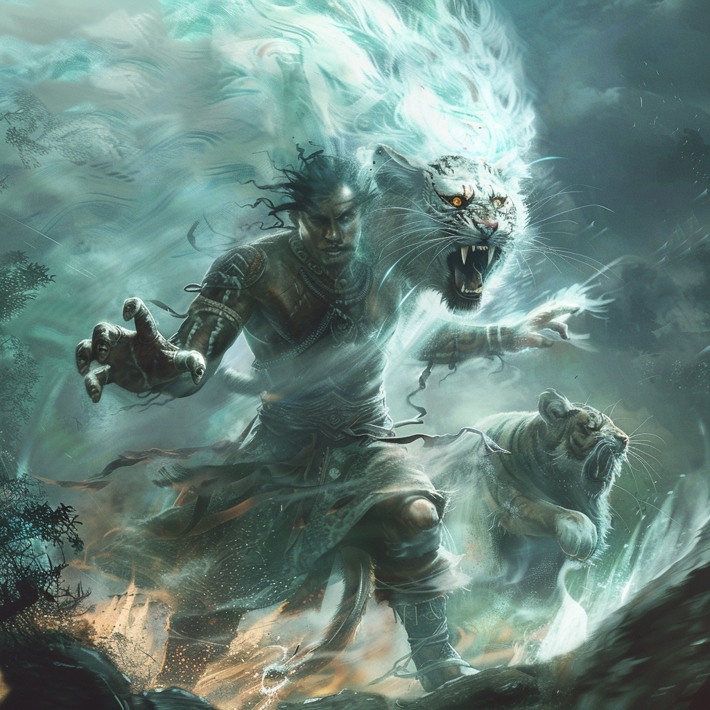 the mohan shapeshifter, ghostly ancient indian transforming into a cat