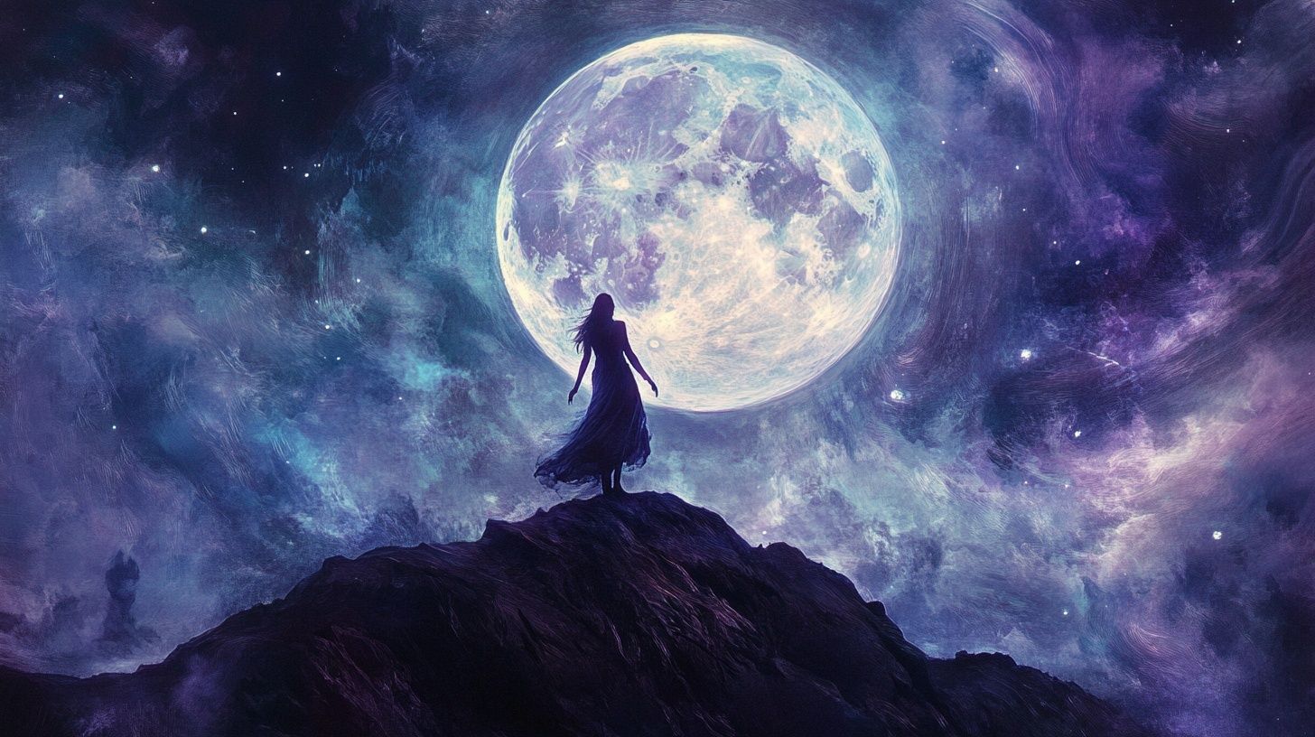 woman stands under gull moon, blue purple sky