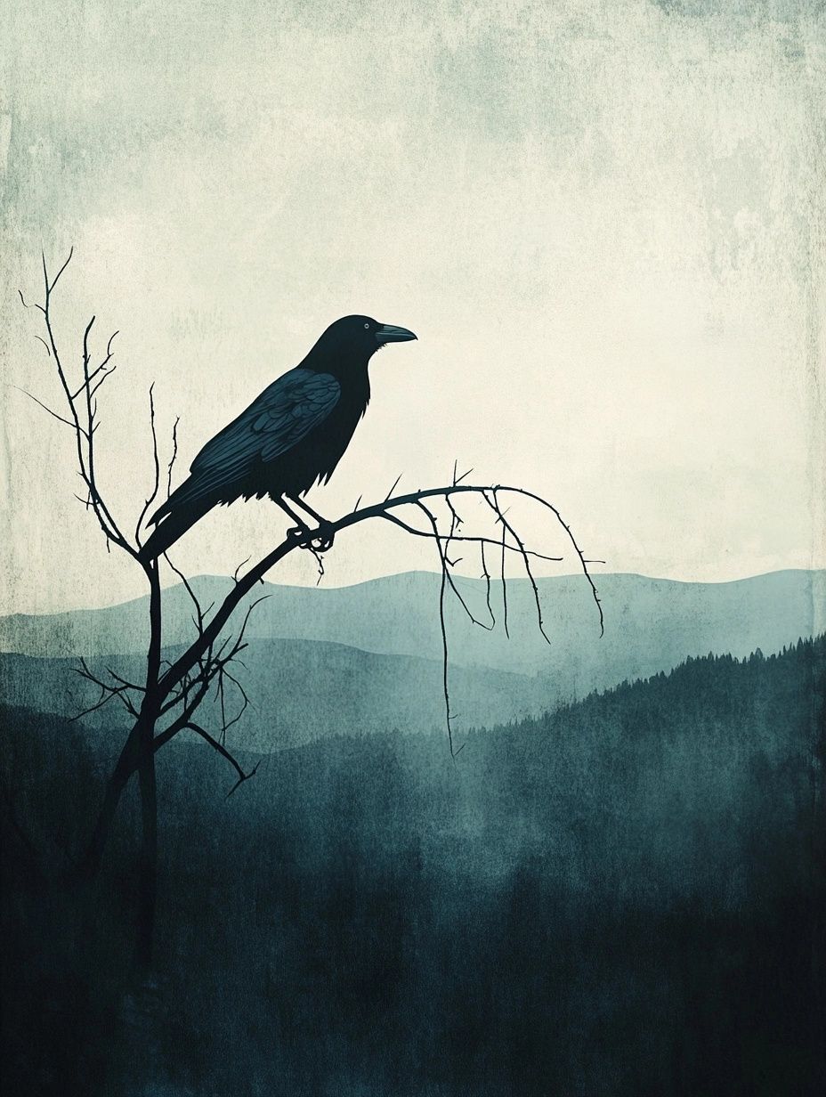 a black raven sits on a tree branch
