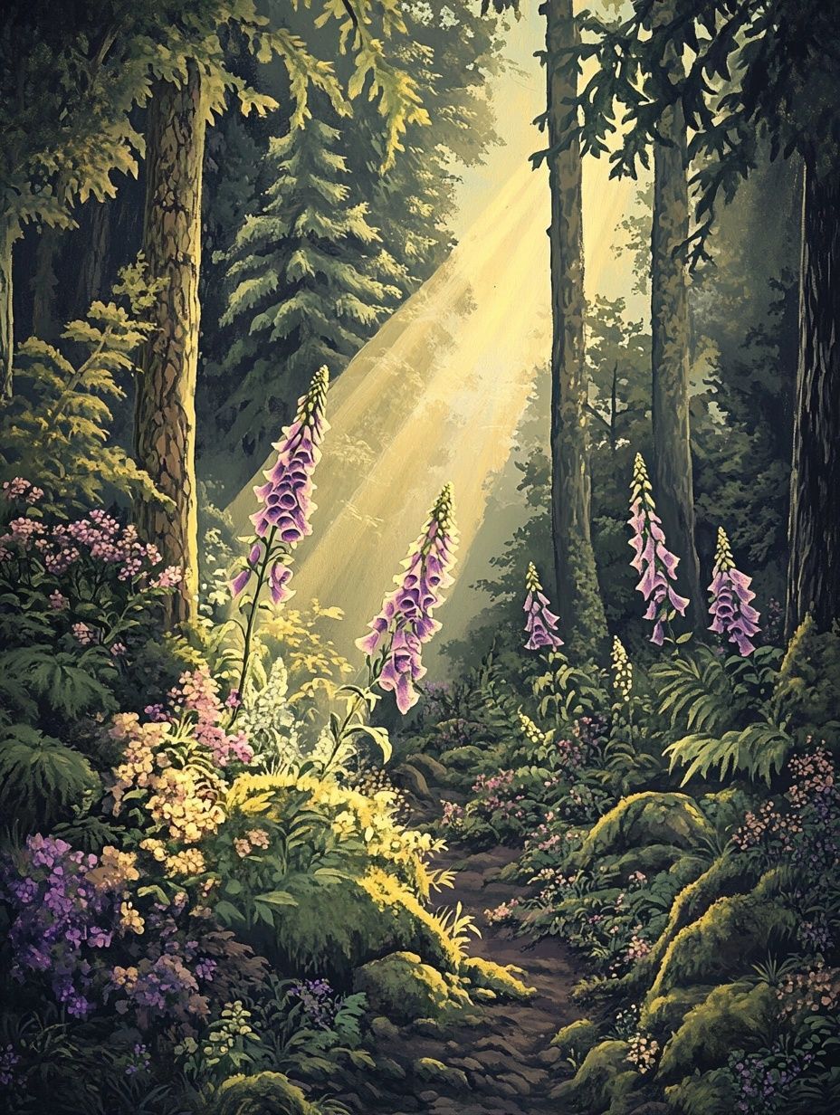 mystical purple flowers growing in a forest