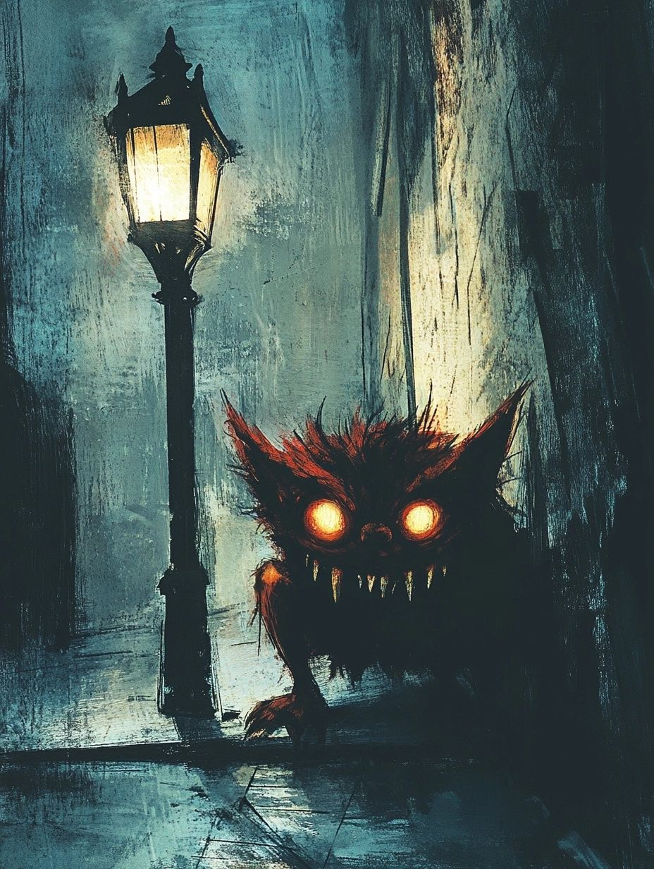 red goblin creature, glowing eyes, dark night, street lamp
