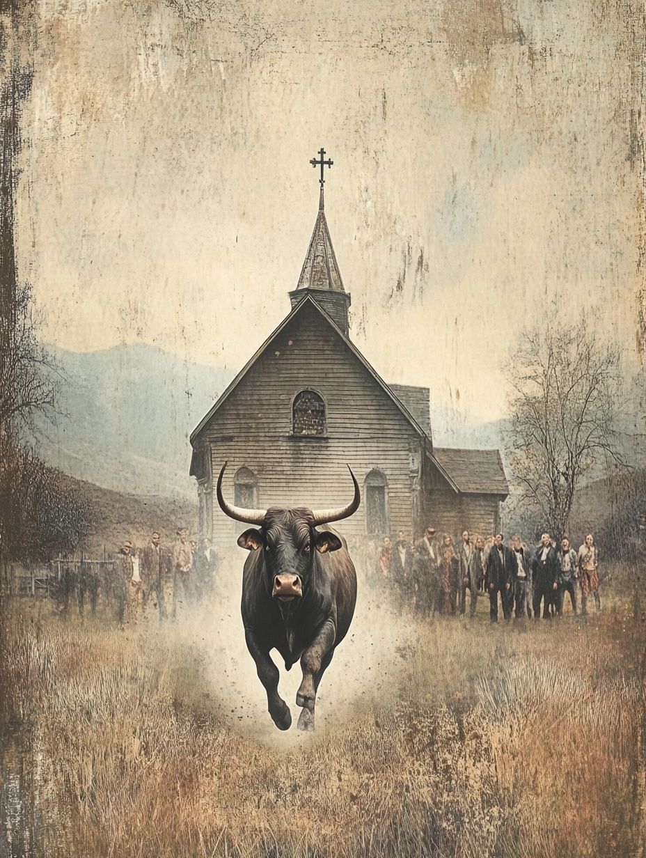 bull charging away from old wooden church