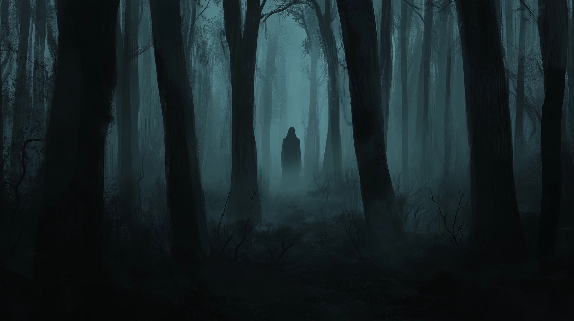 creepy dark forest, mysterious figure