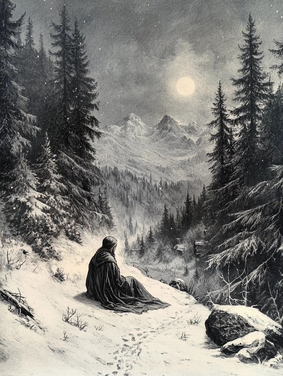 shadowy figure woman standing by stream, moonlight reflection, ghostly figure in distance, black white vintage illustration