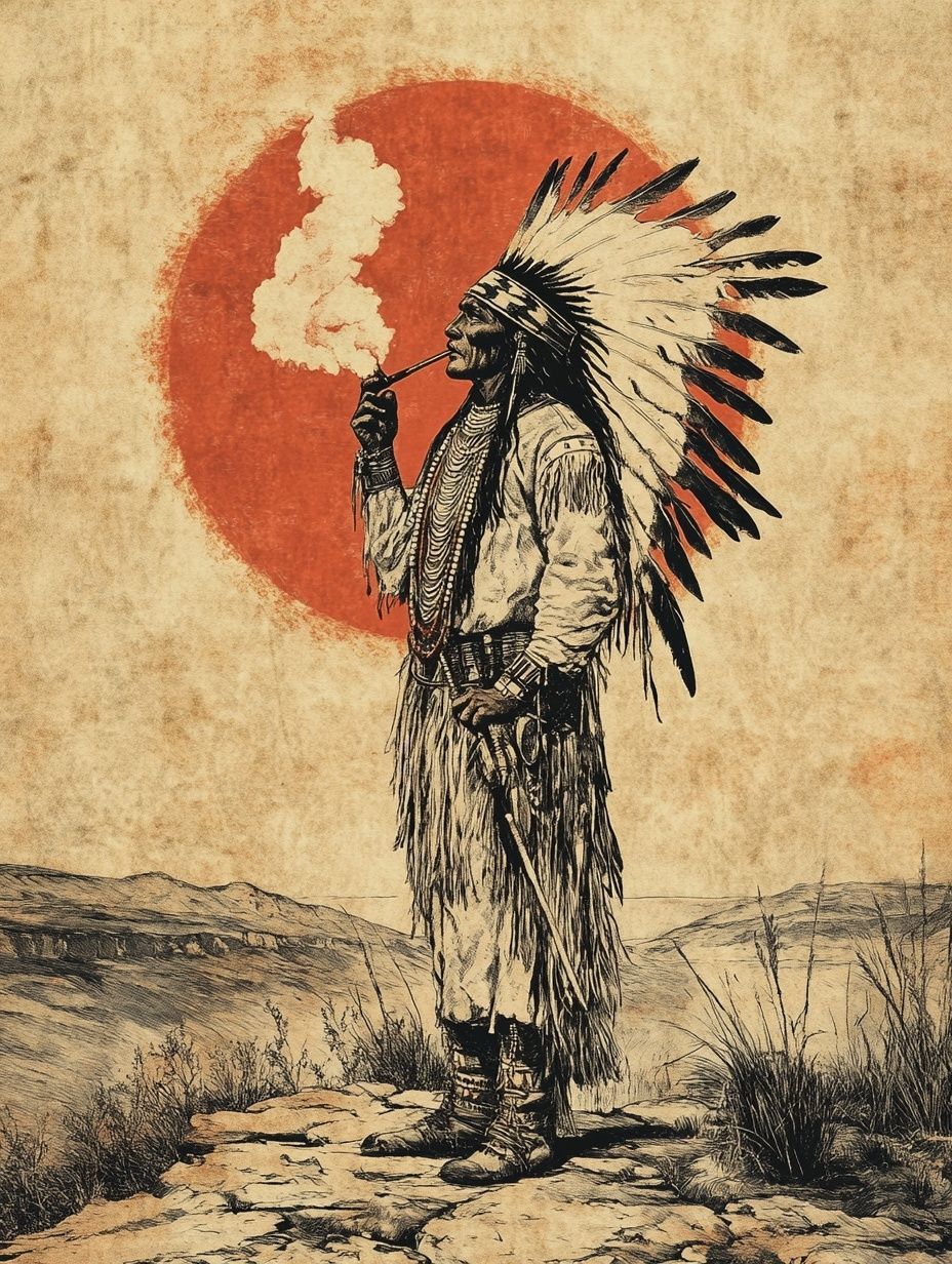 Native American chief smoking pipe in front of orange sun