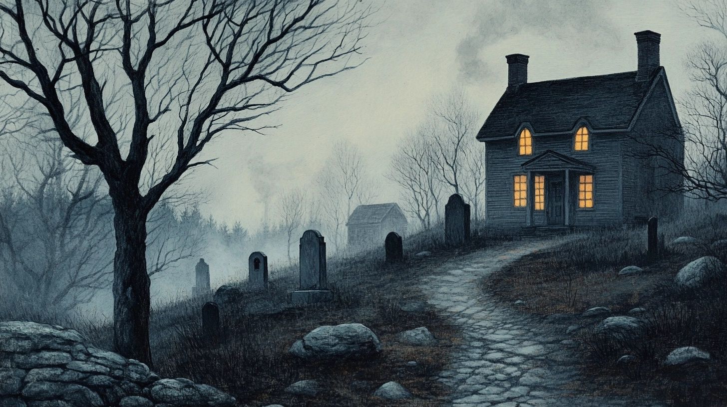 misty new england landscape, house in misty graveyard