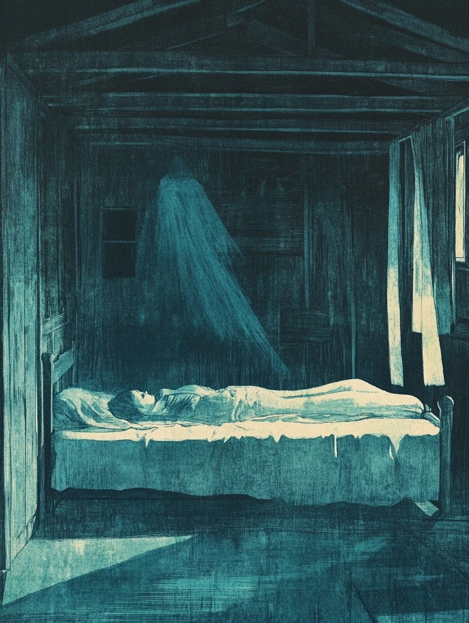 spectral figure hovers over bed with sleeping person