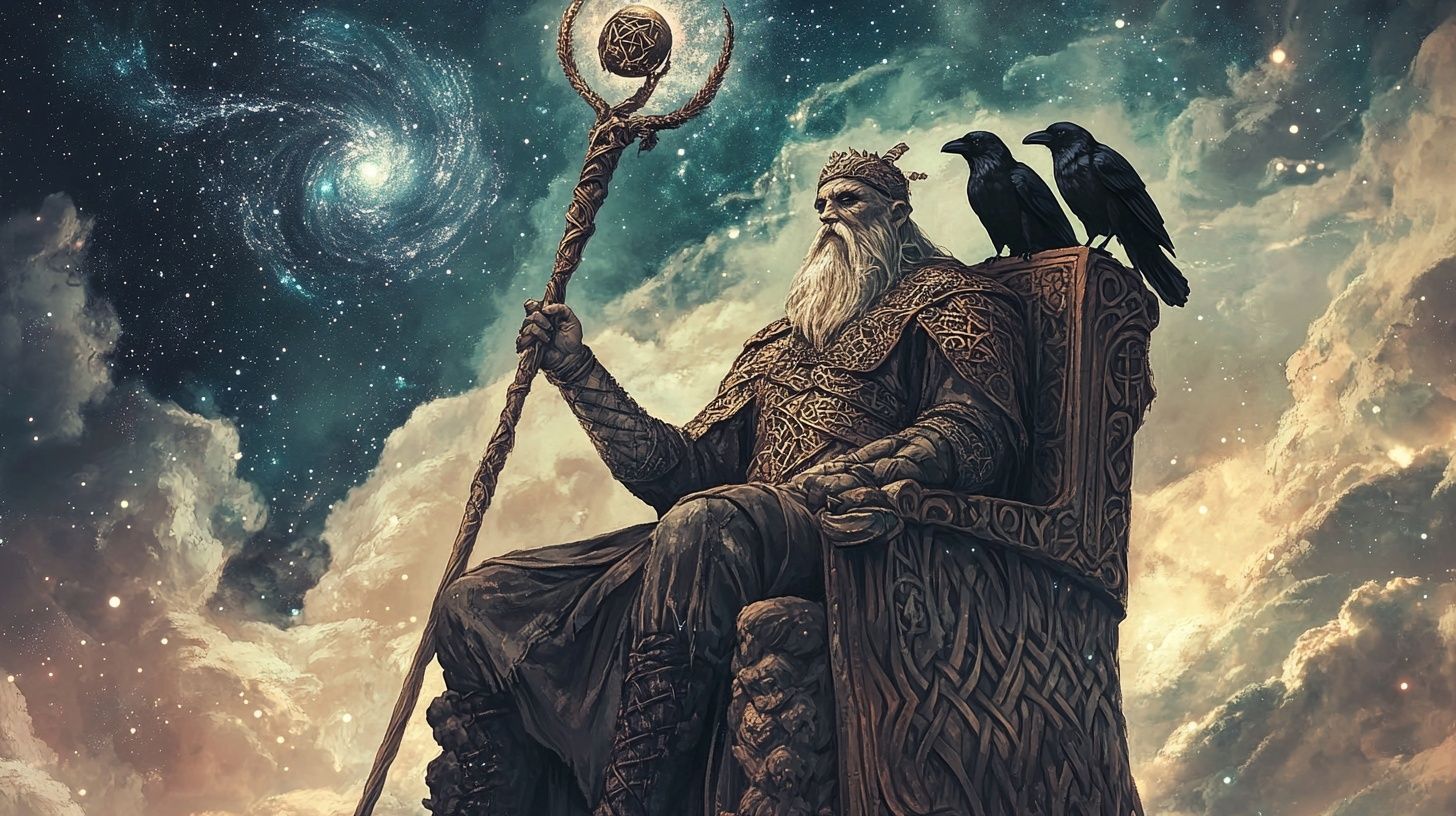 old man sits on ornate, carved throne, ravens, night sky