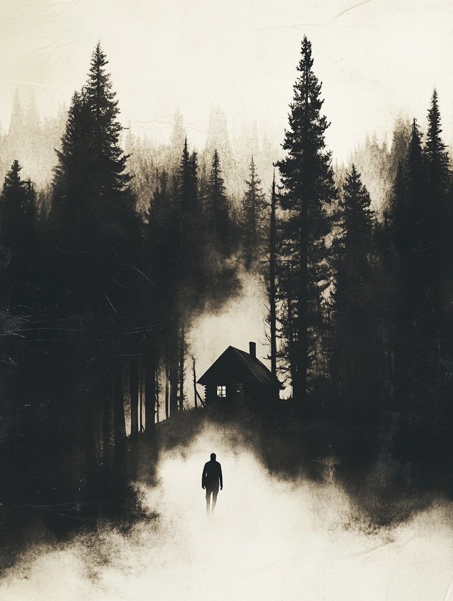 shadowy figure in a dark forest standing in front of a dark hut