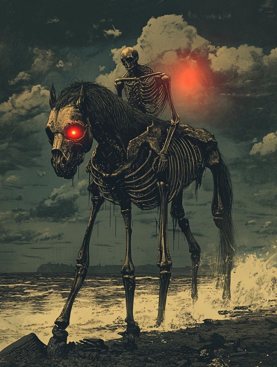 skeleton horse, glowing red eyes, skeleton rider, by the sea, nucklavee scottish mythical creature