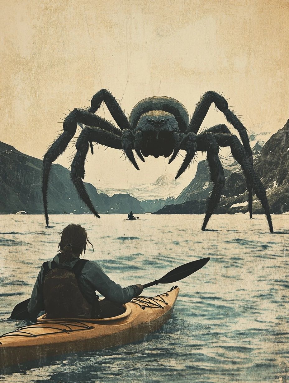 giant spider standing on water above a kayaker, arctic legend ocean spider