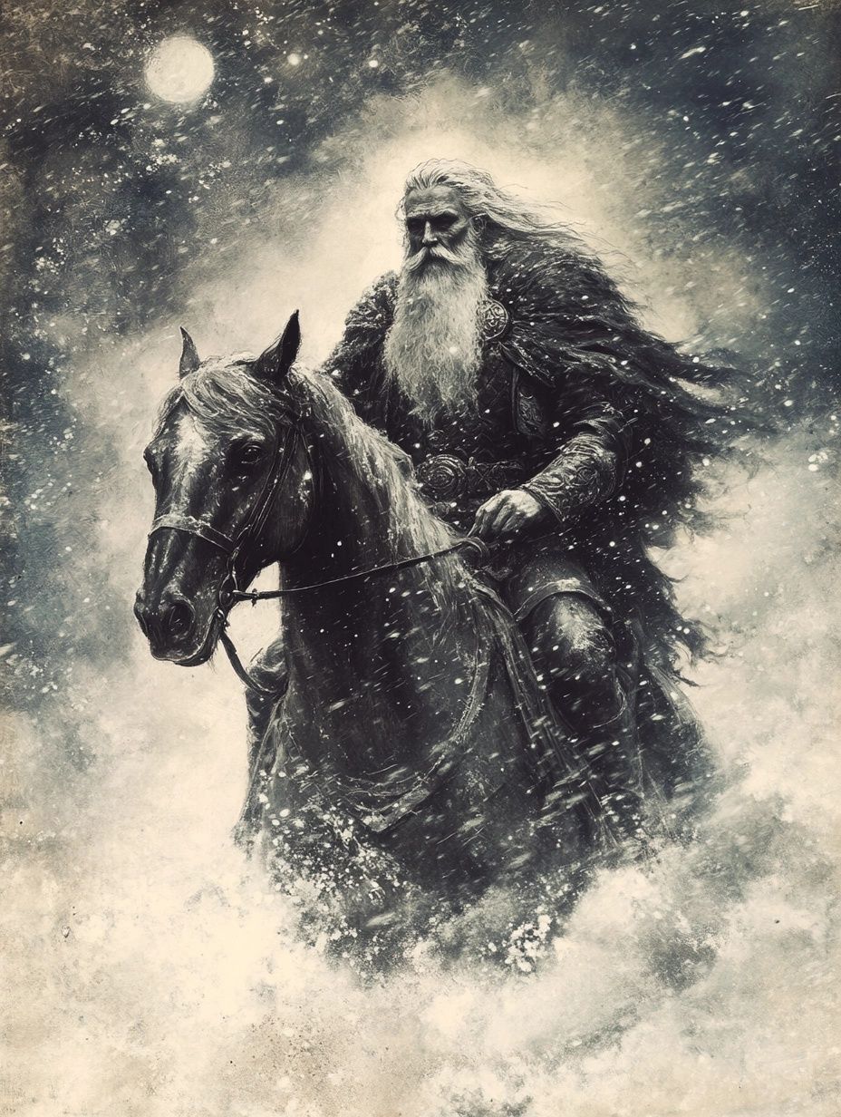 old man with white beard riding a horse in blizzarding sky