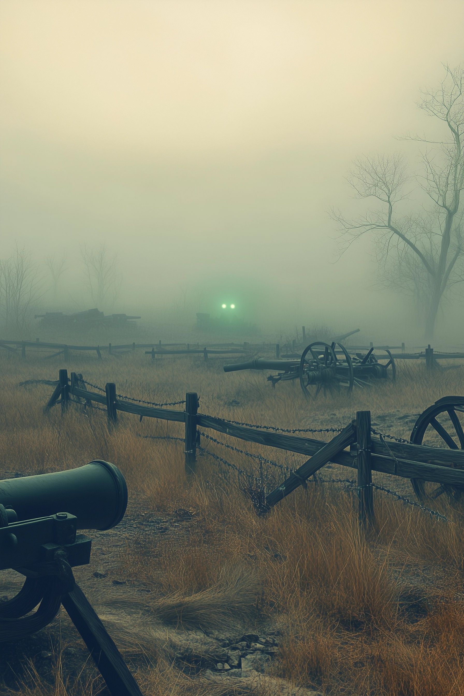 A foggy Civil War battlefield, old cannons, broken fences scattered across the land, Glowing green eyes peer from the mist, overcast grey moody sky, tennessee folklore