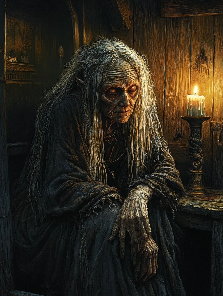 wizened old witch like creature, straggly hair, crinkly skin, red eyes, next to burning candle