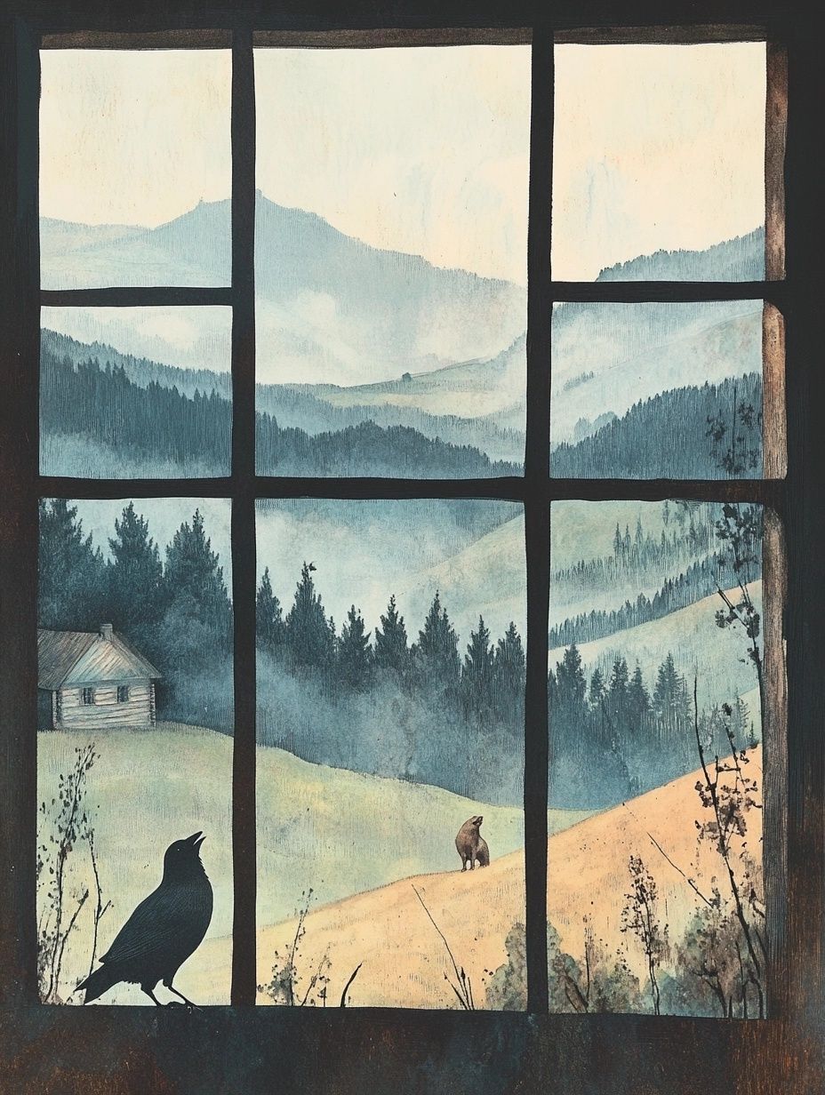 view through window over mountain landscape, crow in front, dog and cabin in distance