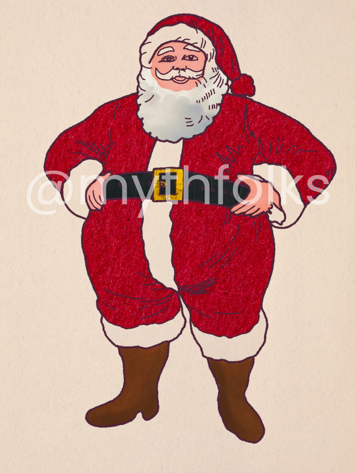 original illustration santa red white fur suit, black belt gold buckle, brown leather boots