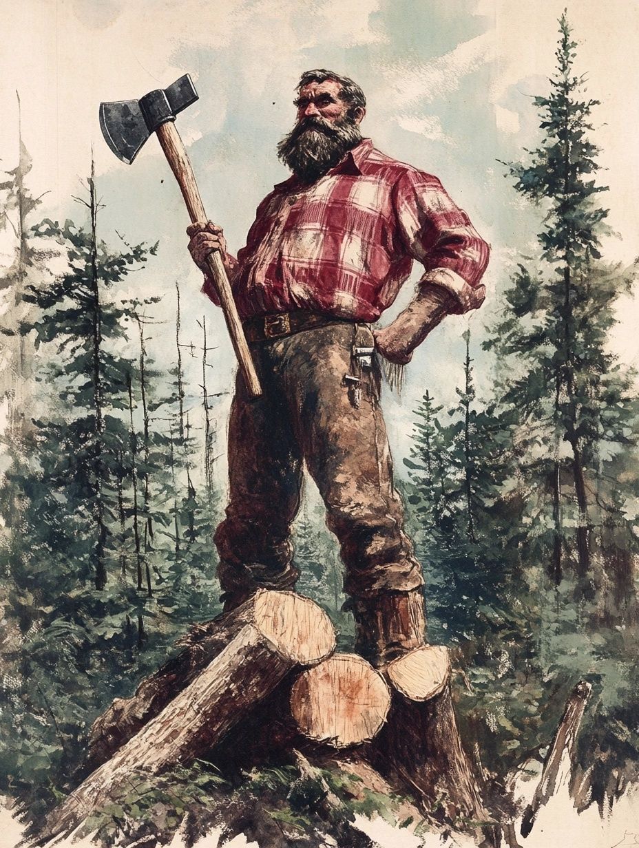 lumberjack holding axe, wearing red white checked shirt, standing on cut trees in forest