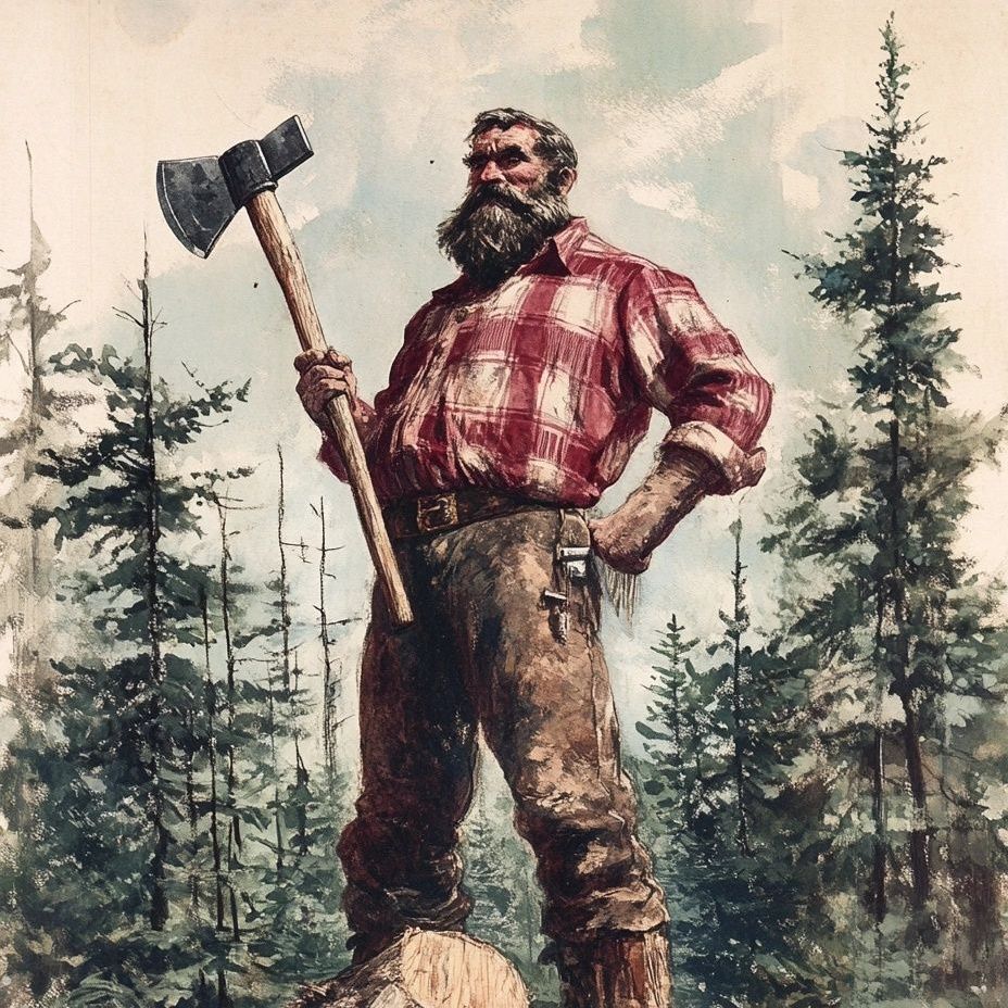 huge lumberjack, red white checked shirt, axe