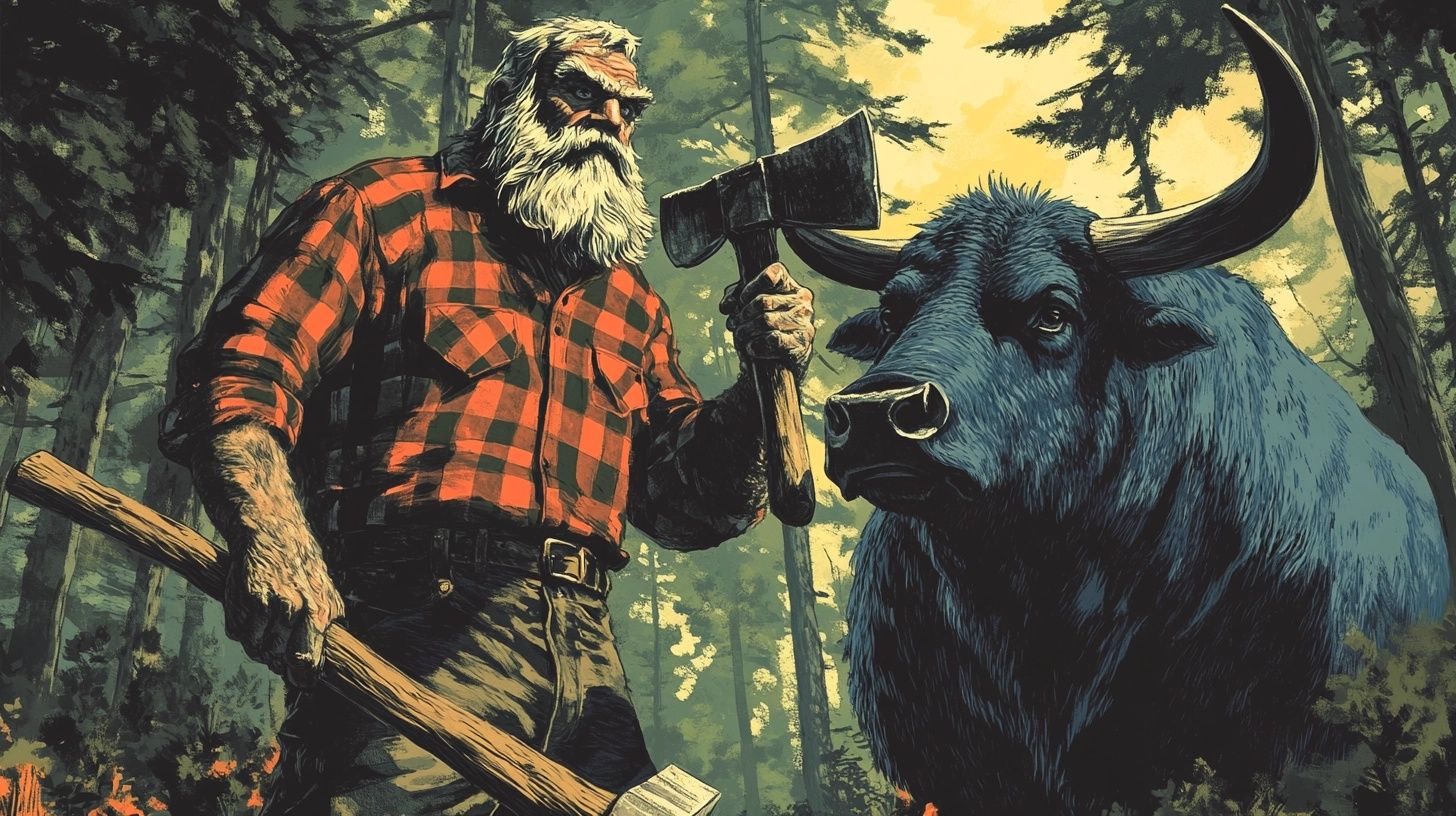 lumberjack holding axe with big blue ox
