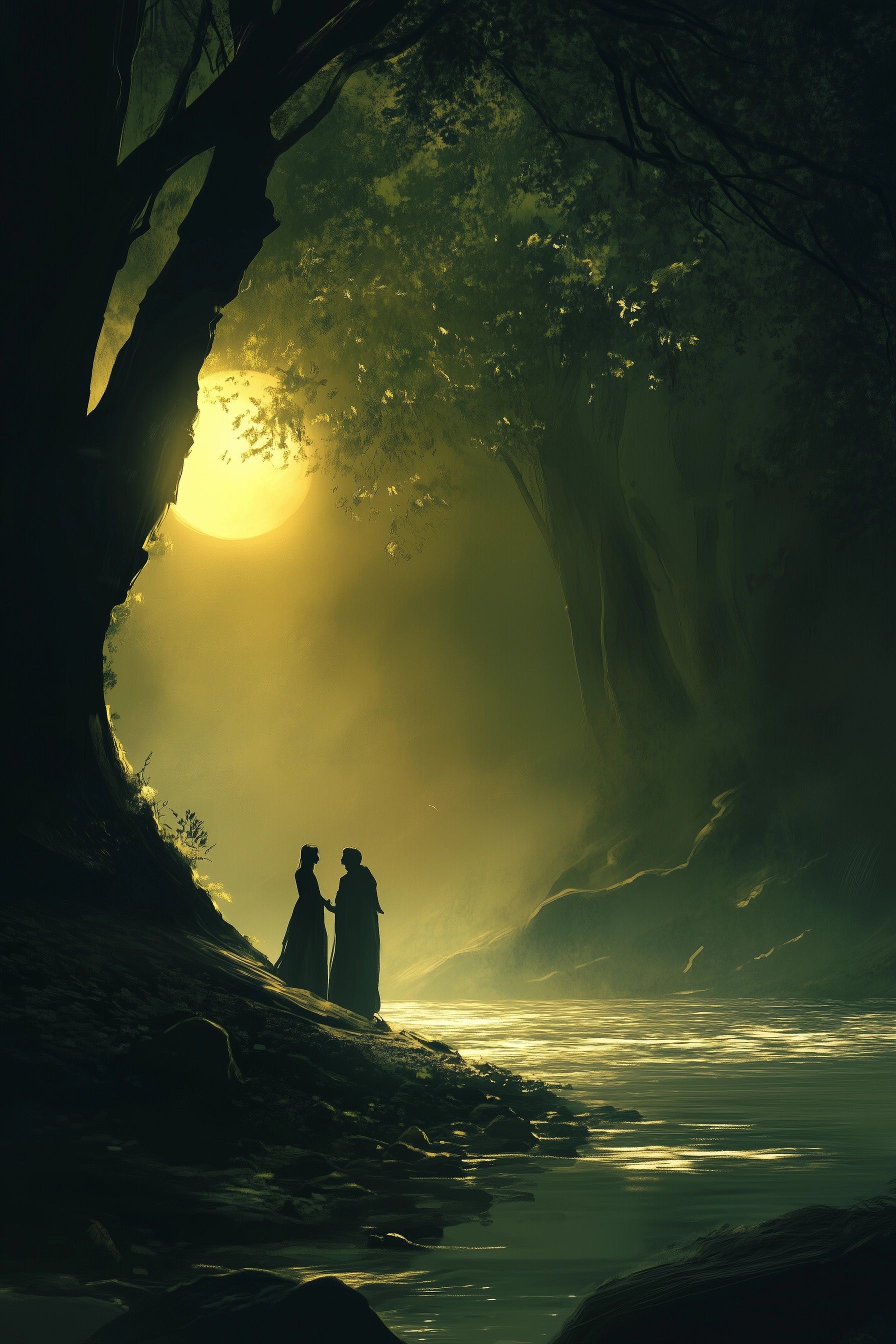 illustration two lovers pedro and ines meeting in secret by a moonlit river, soft light filtering through the trees, portuguese folklore