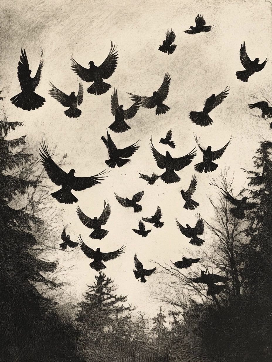 a flock of birds flying frantically through the sky, black and white