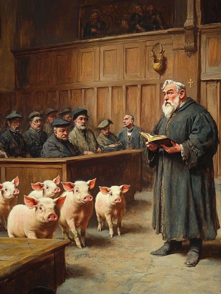 an old courtroom, man stands with books, pigs running around