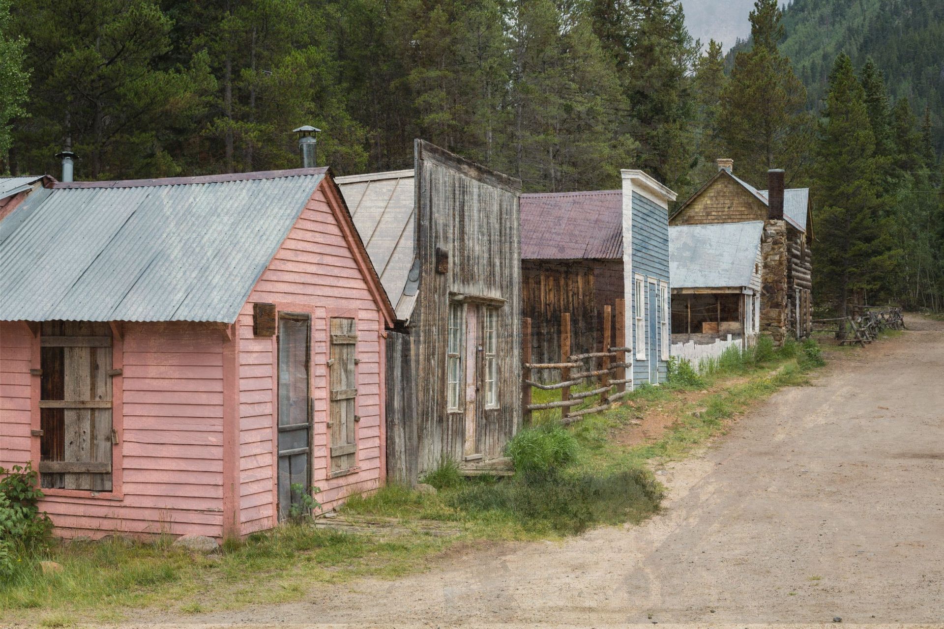 pink wooden house, blue front house, 