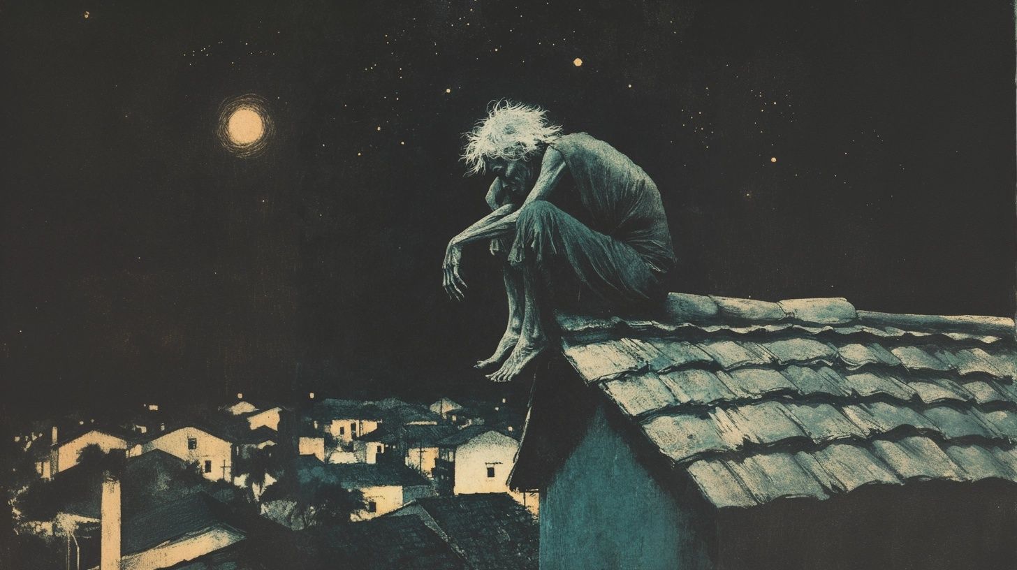 a creepy figure sits on top of a house