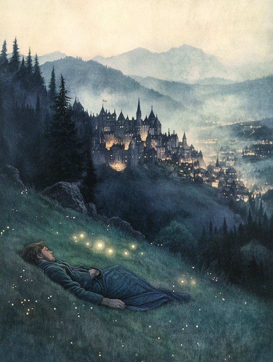 a man lies on grass, twinkling lights in grass, fairy tale city in the distance