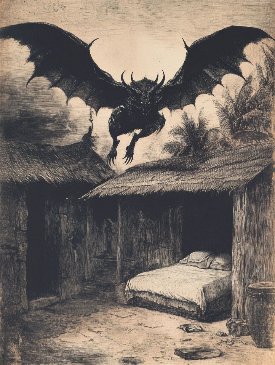 large bat winged demon flies over african hut