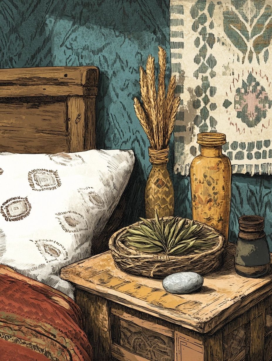A wooden bedside table with symbolic objects, a small bundle of leaves, a river stone, woven charms, representing protective rituals, simple furnishings,