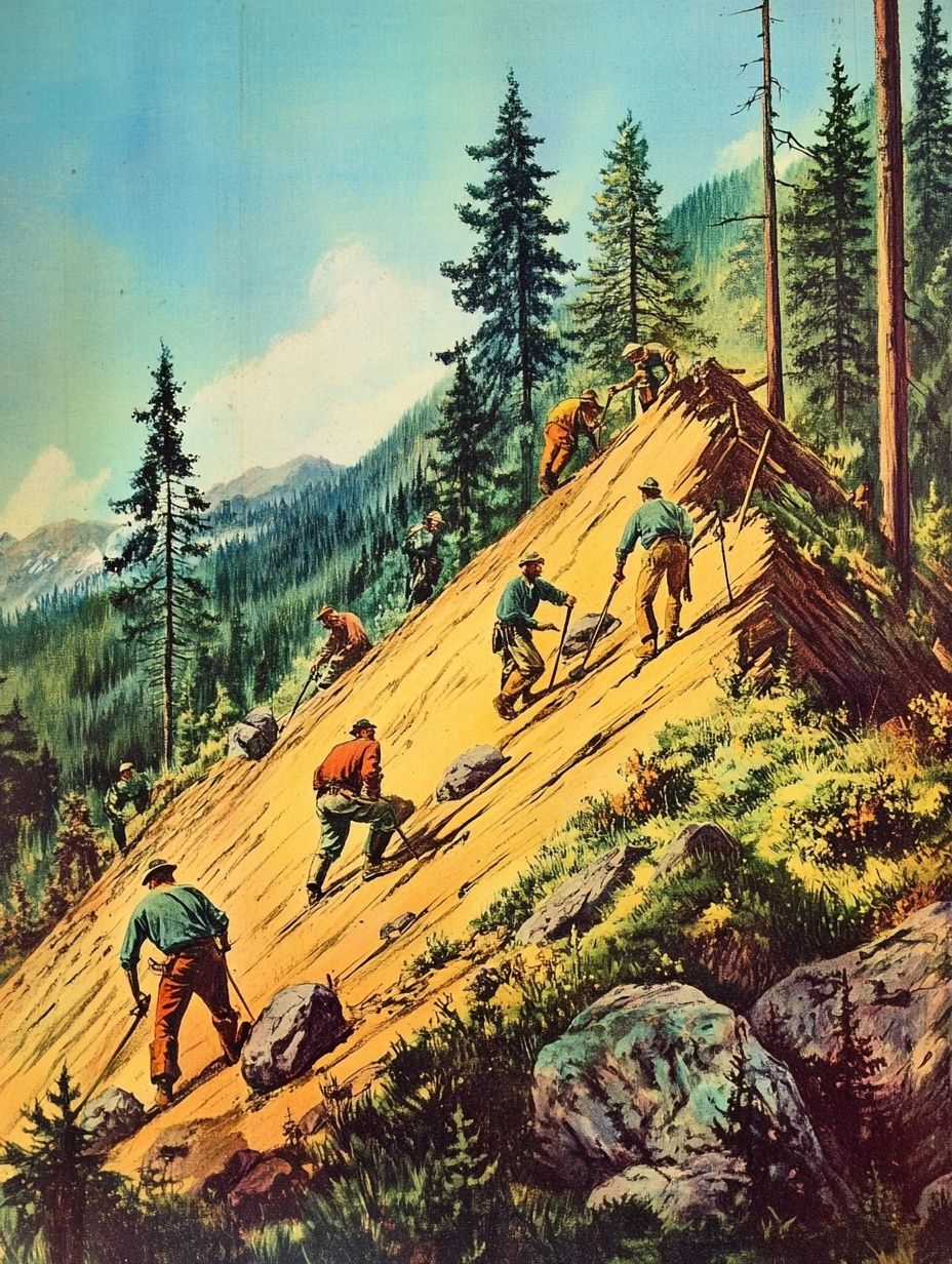 lumberjacks working on steep side of pyramid shaped hill, forest surrounding, pyramid forty paul bunyan tall tale